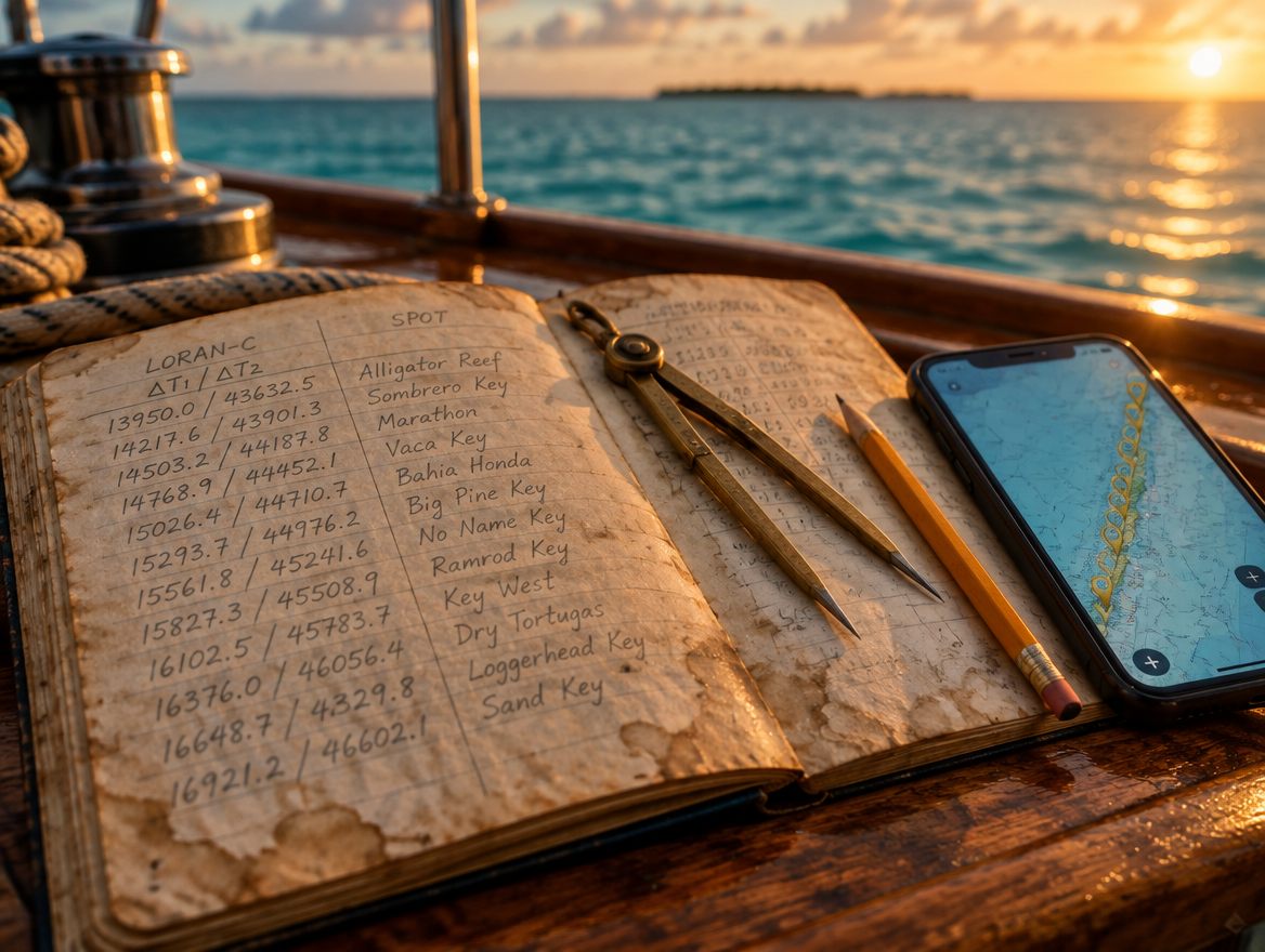 An old logbook of handwritten spots on a boat console, next to a phone showing a chart