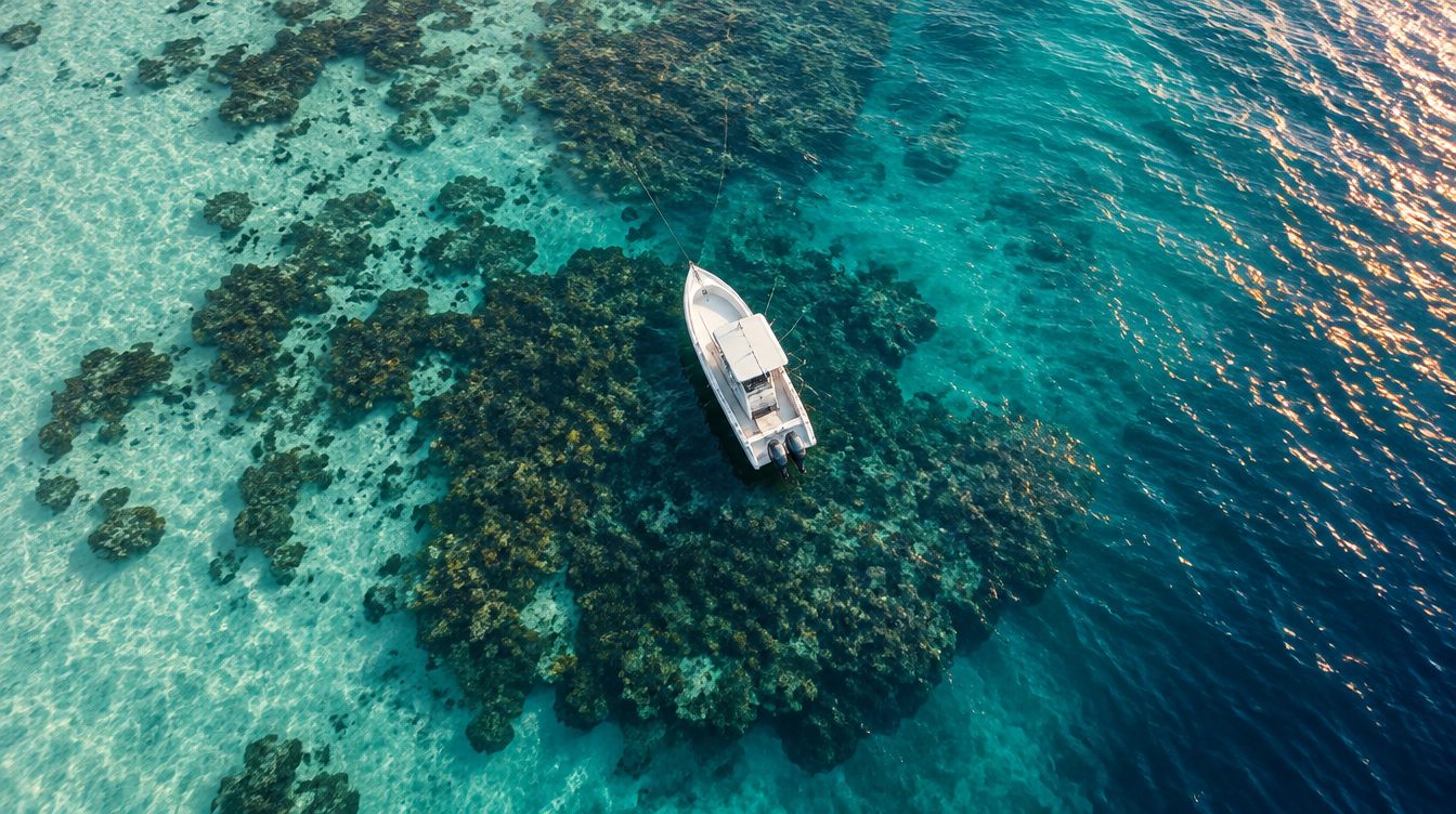 Aerial view of a small fishing boat anchored over a coral patch reef in clear Florida Keys water